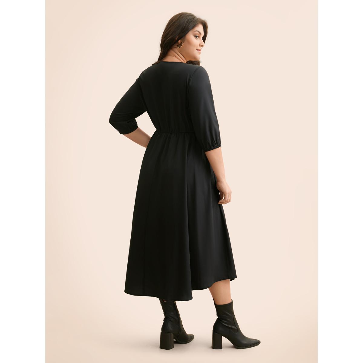 Plus Size Boho Print Lantern Sleeve Midi Dress BlackFlower Women Elegant Button V-neck Elbow-length sleeve Curvy BloomChic 22-24/3X Product Image