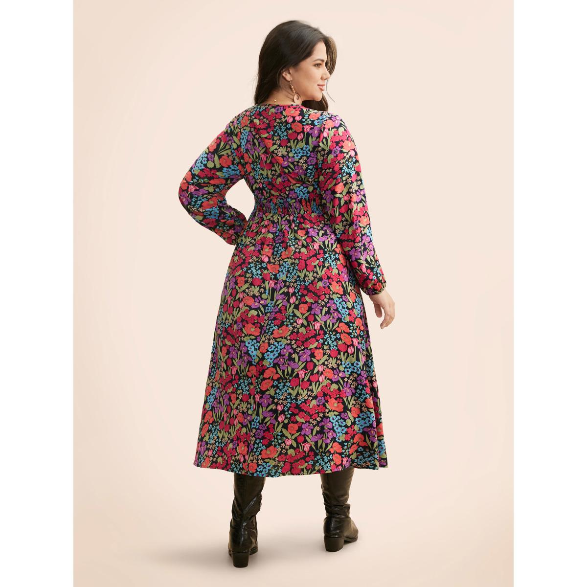 Plus Size Floral Overlap Collar Shirred Dress BlackFlower Women Elegant Shirred Overlap Collar Long Sleeve Curvy BloomChic 22-24/3X Product Image