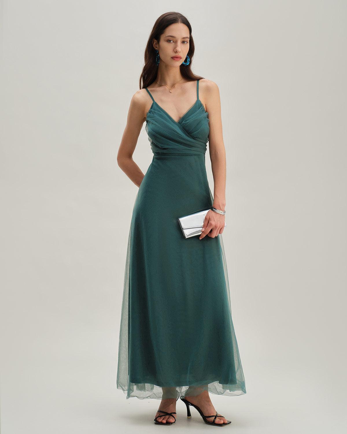 Green Mesh Wrap Slip Maxi Dress Product Image