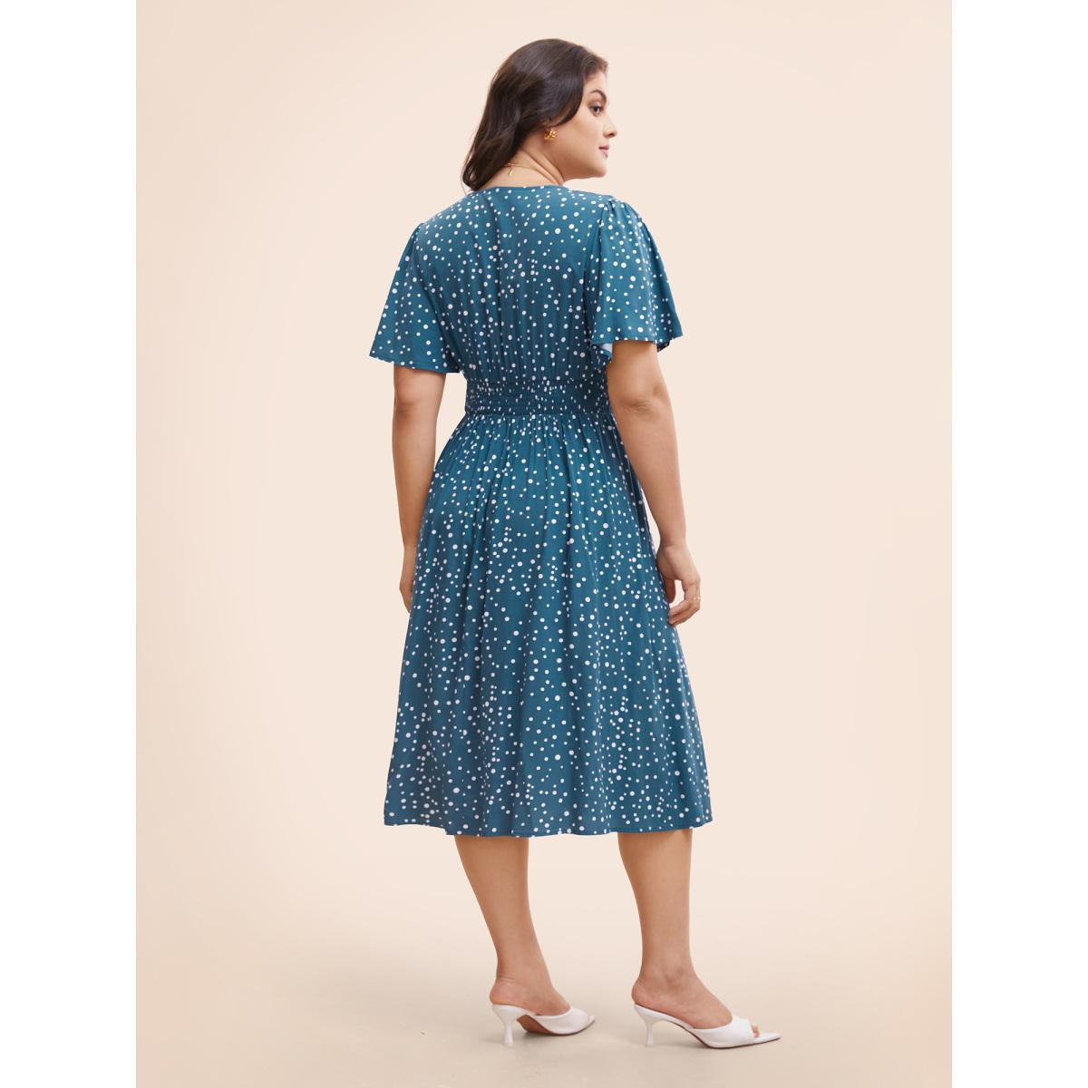 Plus Size Polka Dot Wrap Pocket Shirred Ruffle Sleeve Dress Aegean Women Timeless Patchwork Curvy Midi Dress BloomChic 18-20/2X Product Image