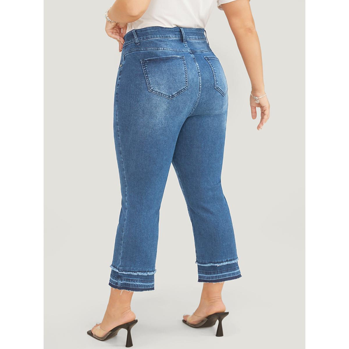 Plus Size Bootcut Very Stretchy High Rise Dark Wash Fringe Detail Jeans Women Blue Casual Plain High stretch Slanted pocket Jeans BloomChic 10/M Product Image