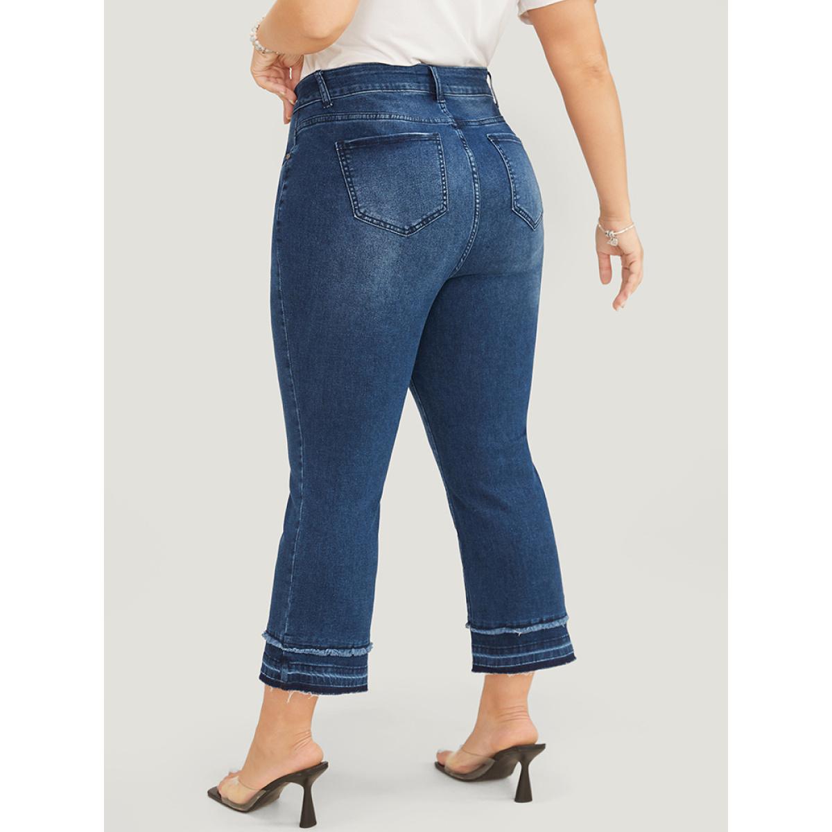 Plus Size Bootcut Very Stretchy High Rise Dark Wash Fringe Detail Jeans Women DarkBlue Casual Plain High stretch Slanted pocket Jeans BloomChic 18/2X Product Image