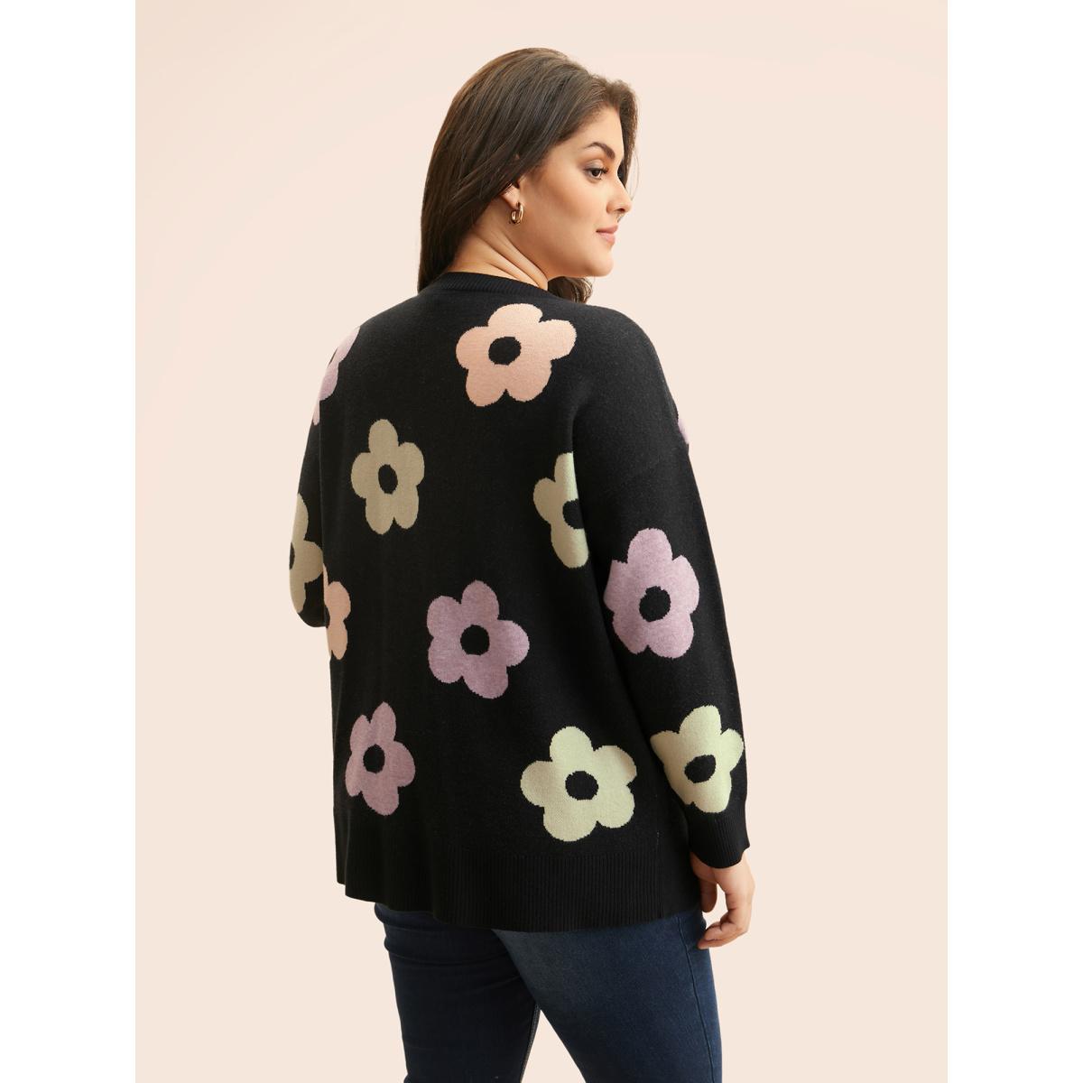 Plus Size Contrast Floral Drop Shoulder Cardigan Black Women Elegant Loose Long Sleeve Everyday Cardigans BloomChic 28/5X Product Image