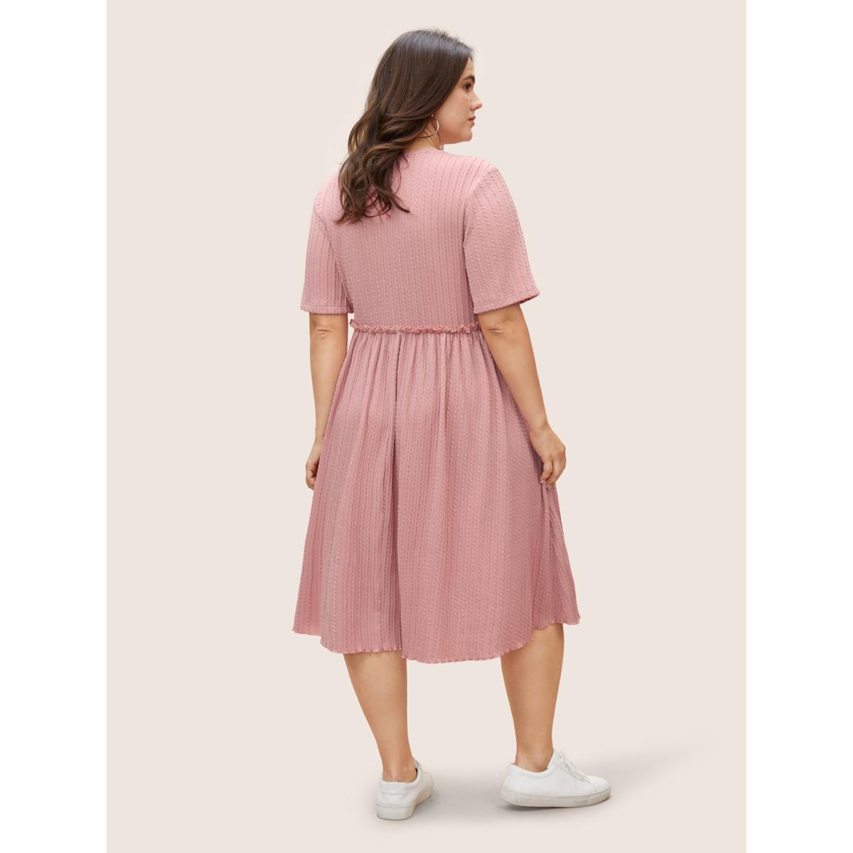 Plus Size Plain Textured Frill Trim Pocket Dress Pink Women Casual Frill Trim Round Neck Short sleeve Curvy BloomChic 22-24/3X Product Image