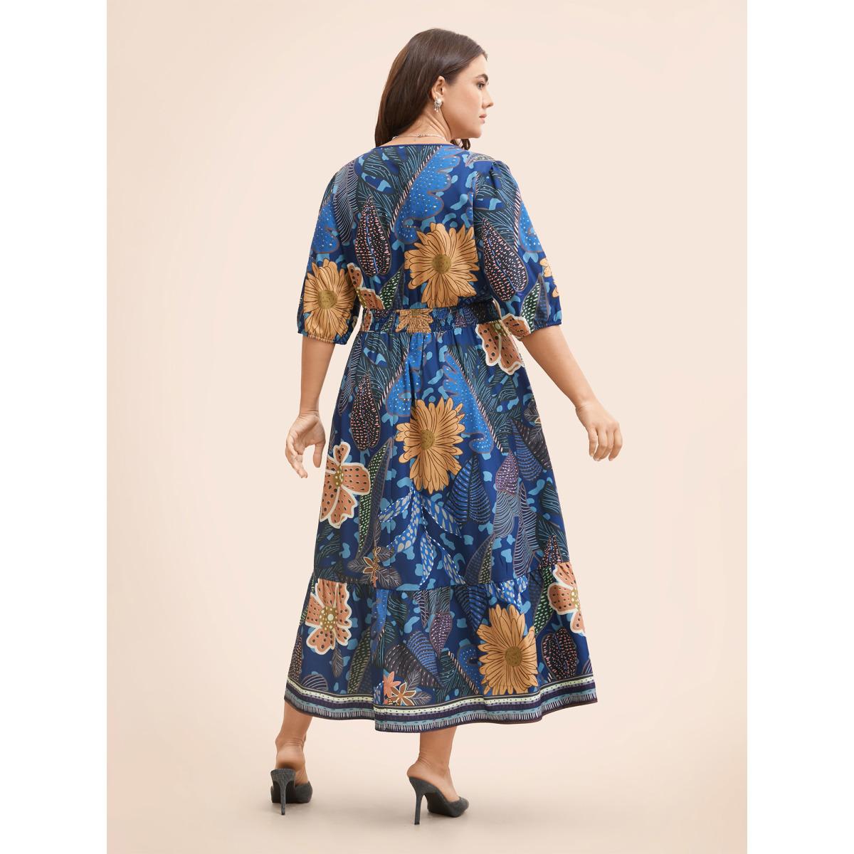 Plus Size Floral Shirred Lantern Sleeve Midi Dress Mediumblue Women Resort Gathered V-neck Half Sleeve Curvy BloomChic 12/L Product Image