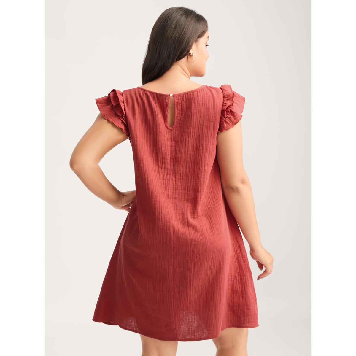 Plus Size Pure Cotton Textured Ruffled Midi Dress Rust Women Playful Round Neck Cap Sleeve Curvy BloomChic 22-24/3X Product Image