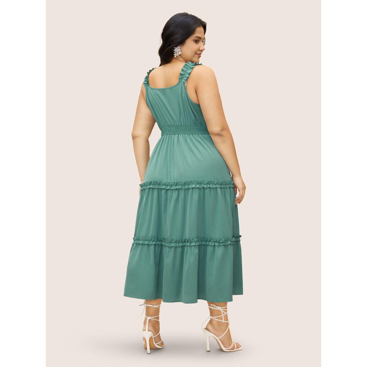 Plus Size Solid Ruffles Shirred Frill Trim Dress Mint Women Elegant Frill Trim V-neck Sleeveless Curvy BloomChic 18-20/2X Product Image