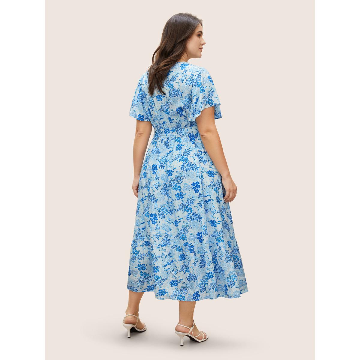 Plus Size V Neck Floral Ruffles Tie Knot Dress Skyblue Women Elegant Tie knot V-neck Short sleeve Curvy Midi Dress BloomChic 22-24/3X Product Image