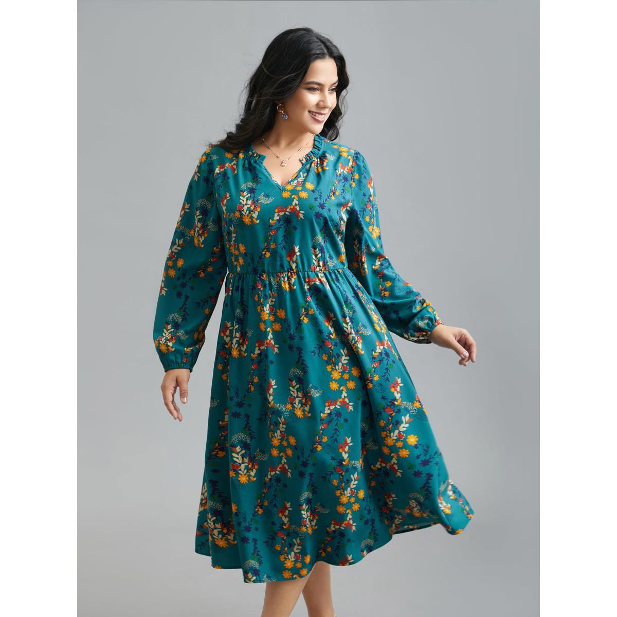 Plus Size Floral Print Ruffled Notched Collar Midi Dress Aegean Women Elegant Gathered Notched collar Long Sleeve Curvy BloomChic 18-20/2X Product Image