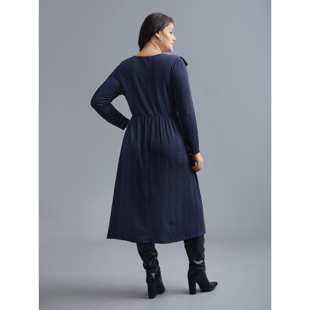 Plus Size Plain Crew Neck Ruffle Trim Plisse Dress Midnight Women Casual Texture Knit Dresses Bloomchic 18-20/2X Product Image
