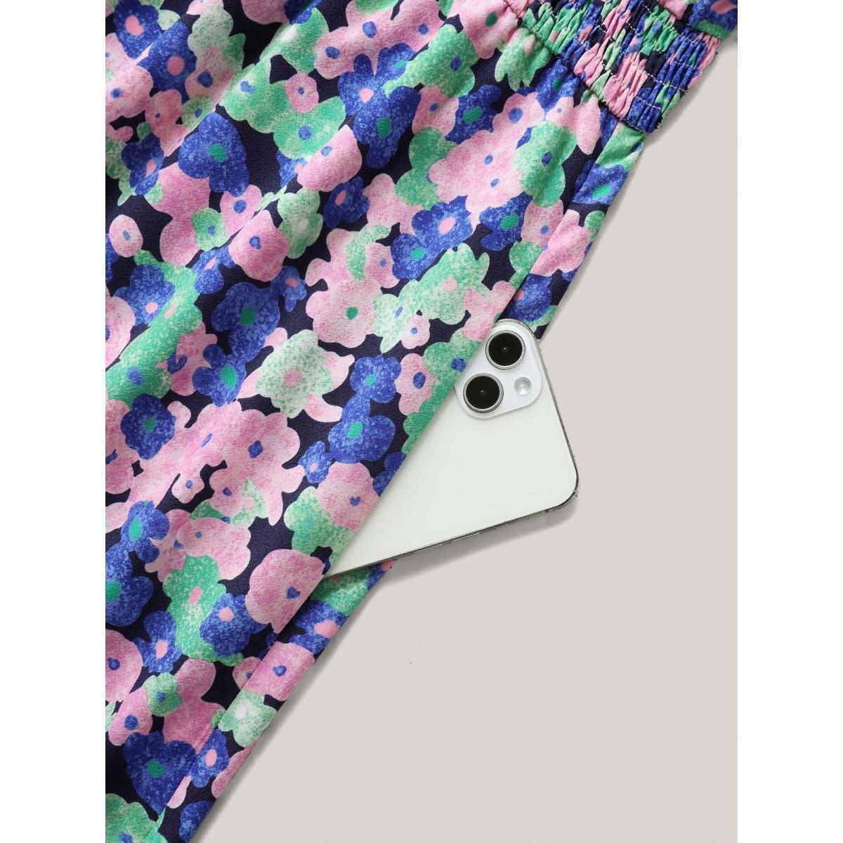 Plus Size Floral Print Shirred Waist Midi Dress DarkBlue Women Square Neck Short sleeve Curvy BloomChic 10/M Product Image