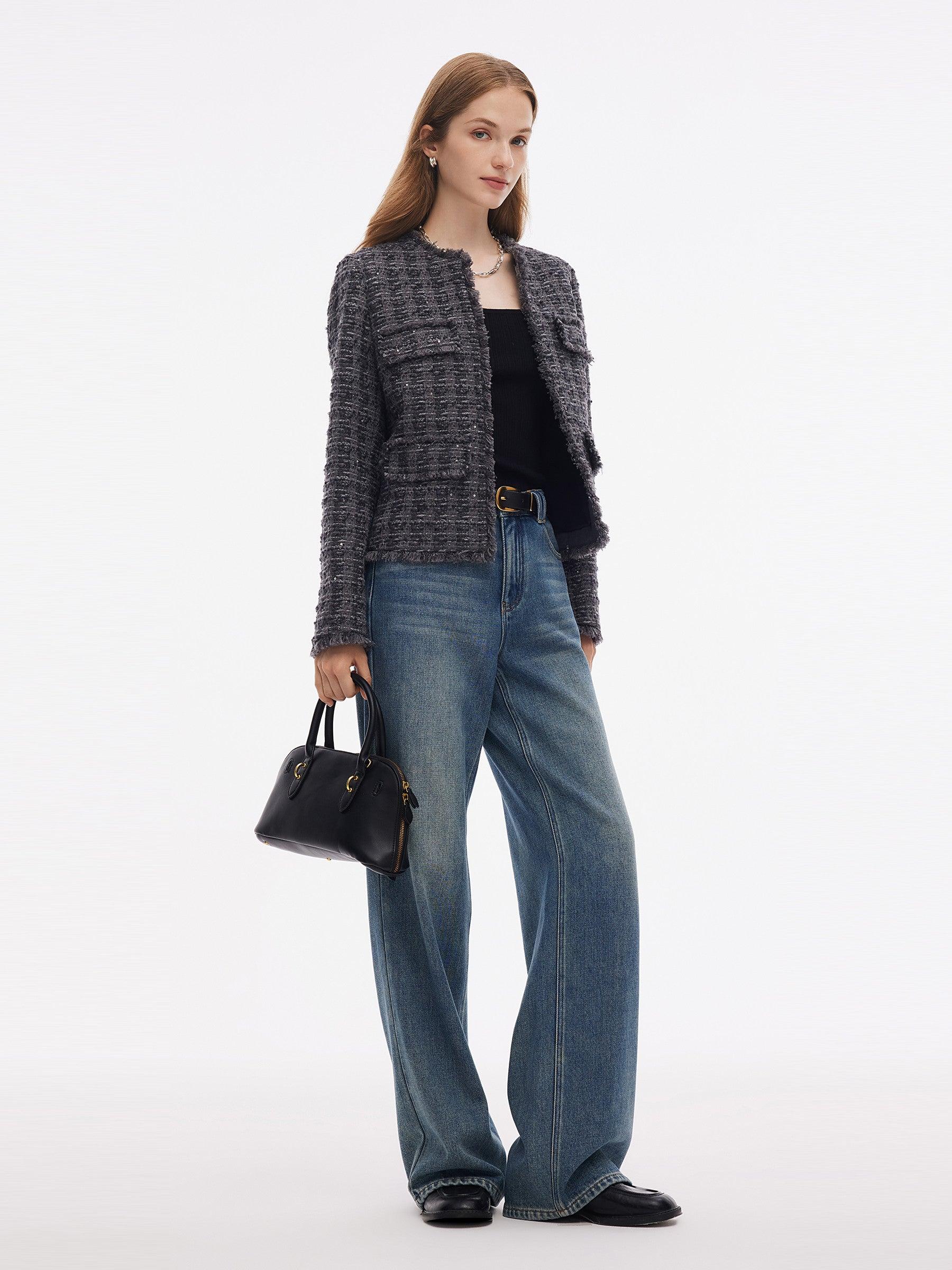 Wool Blend Sequins Tweed Women Frayed Edge Crop Jacket Product Image