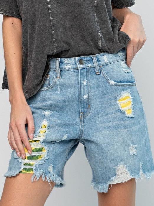 Tropical Destroyed Denim Shorts Product Image