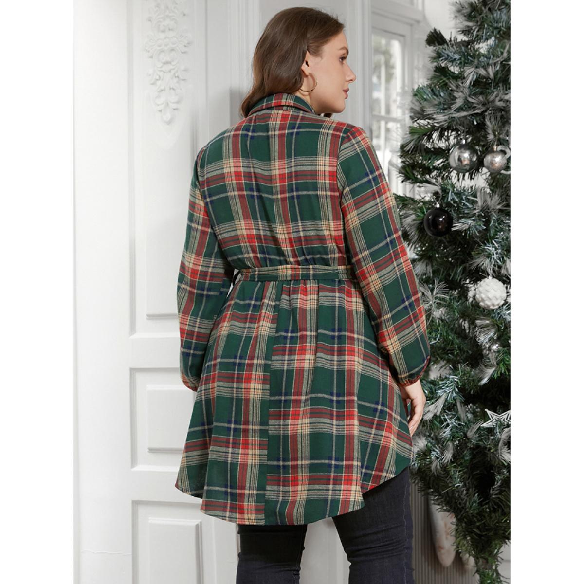 Plus Size Multicolor Plaid Shirt Collar Button Belted High Low Hem Blouse Women Casual Long Sleeve Shirt collar Everyday Blouses BloomChic 22-24/3X Product Image