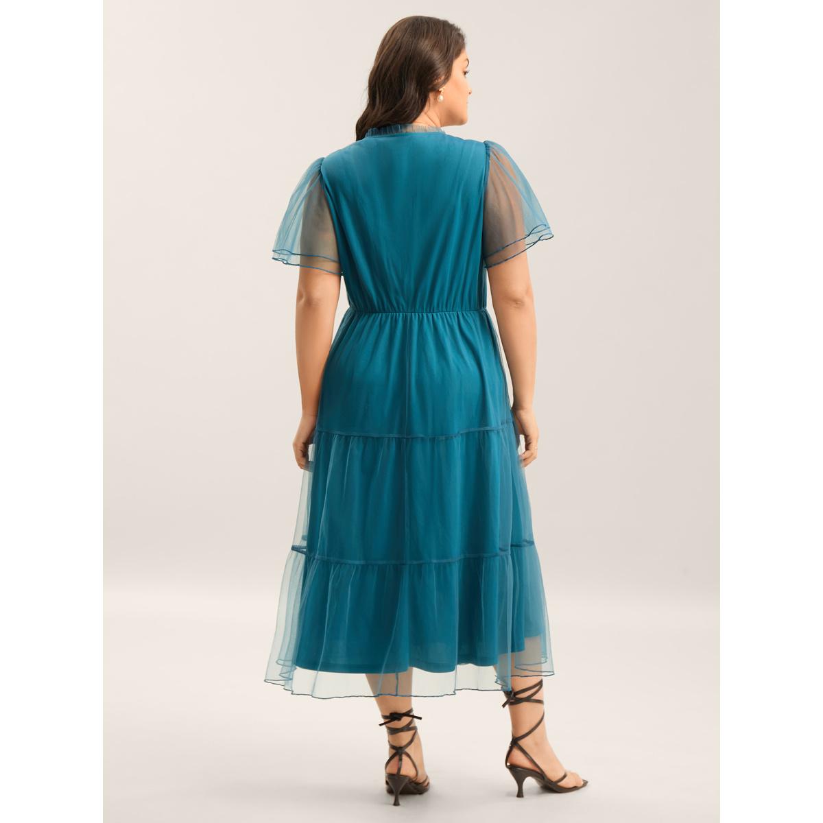 Plus Size Stretchy Waist Neck Tie Sheer Midi Dress Teal Women Flat collar with V-notch Short sleeve Curvy BloomChic 30/6X Product Image