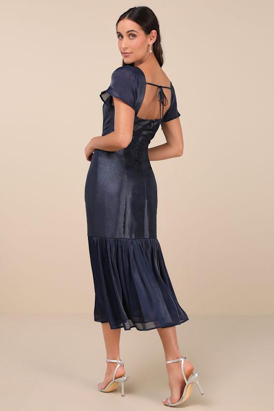 Luxe Feelings Navy Taffeta Flutter Sleeve Tiered Midi Dress Product Image