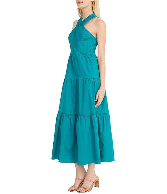 Donna Morgan Poplin Halter Neck Sleeveless A-Line Midi Dress Product Image