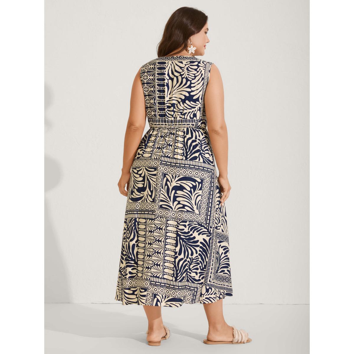Plus Size Geometric Collage Print Pockets Midi Dress DarkBlue Women Square Neck Sleeveless Curvy BloomChic 18-20/2X Product Image