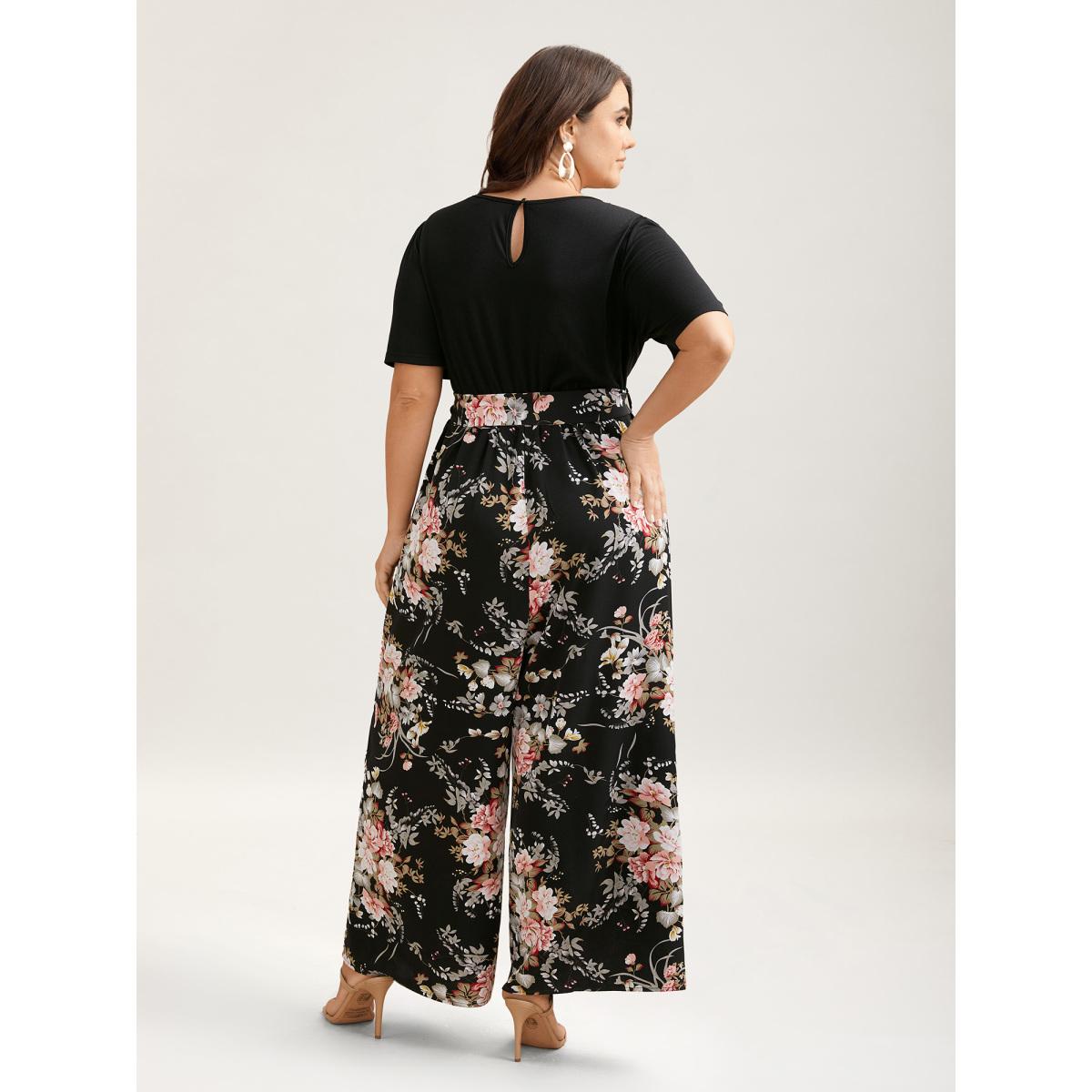 Plus Size Black Color Contrast Belted Panel Pockets Jumpsuit Women Timeless Short sleeve Square Neck Elegant Loose Jumpsuits BloomChic 28/5X Product Image