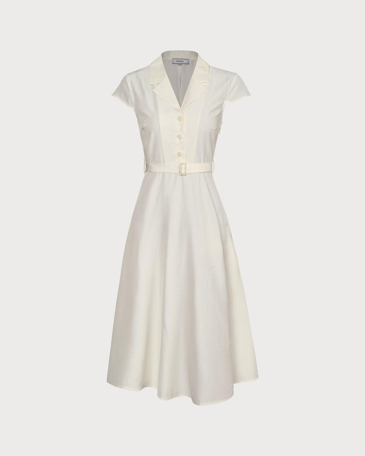 The Beige Lapel Cap Sleeve Shirt Midi Dress Product Image