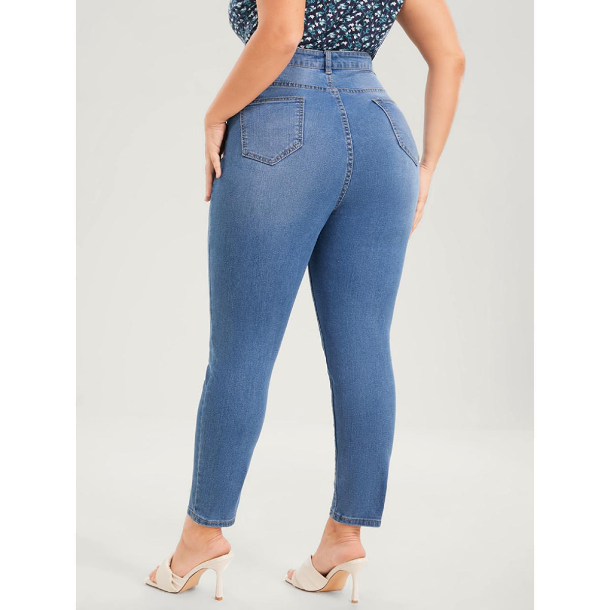 Plus Size Skinny Very Stretchy High Rise Medium Wash Distressed Ankle Jeans Women Blue Casual Plain Plain High stretch Pocket Jeans BloomChic 30/6X Product Image
