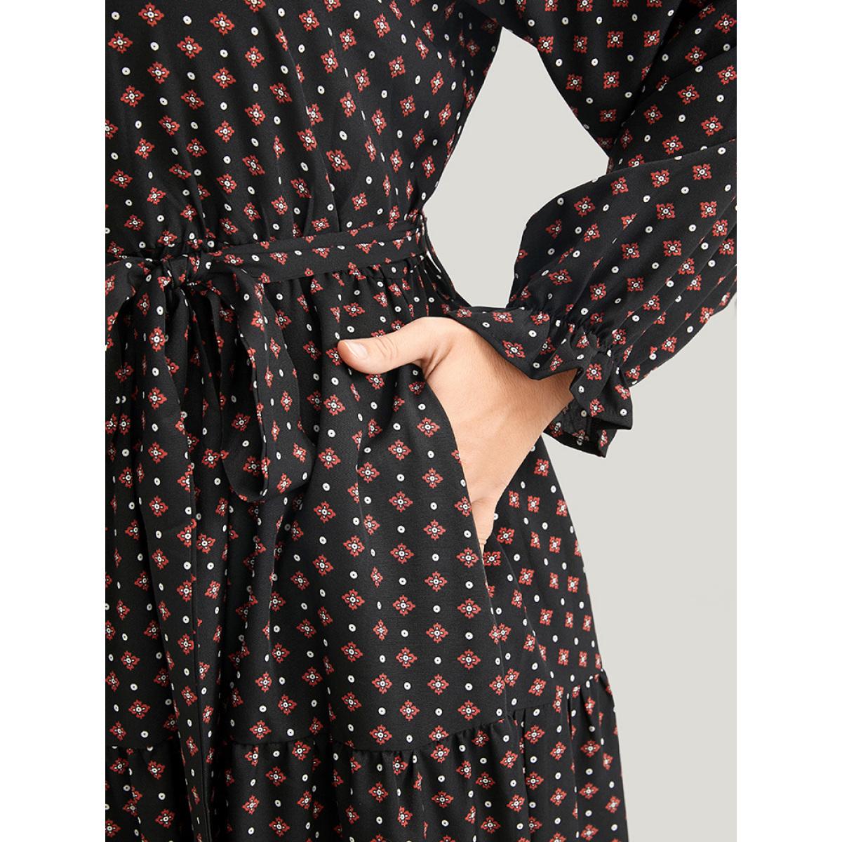 Plus Size Geometric Belted Lantern Sleeve Pocket Ruffle Tiered Dress Black Women Elegant Pocket V-neck Long Sleeve Curvy Midi Dress BloomChic 14-16/1X Product Image