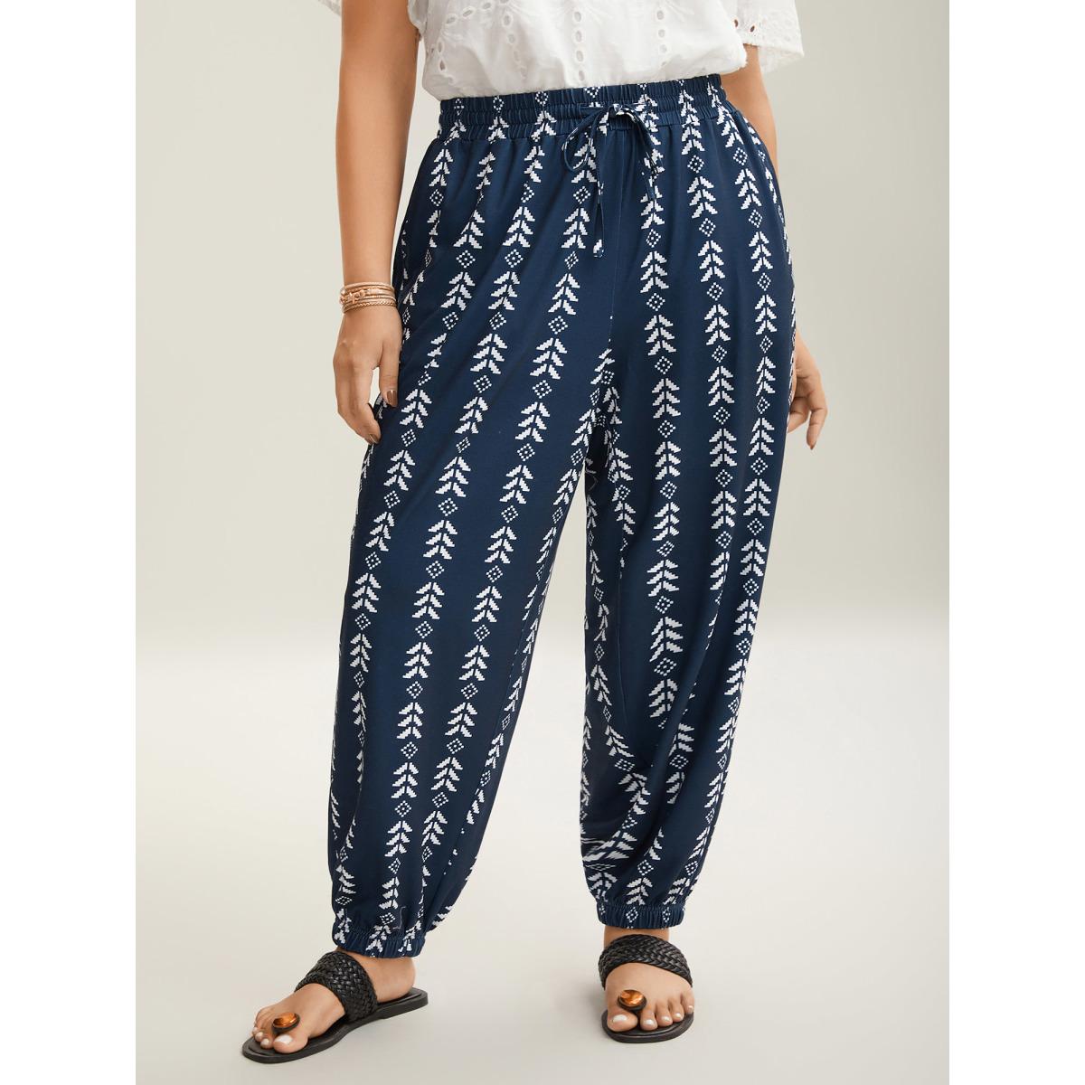 Plus Size Boho Geometric Print Stretchy Waist Pants Women Indigo Leisure Mid Rise Casual Pants BloomChic 10/M Product Image