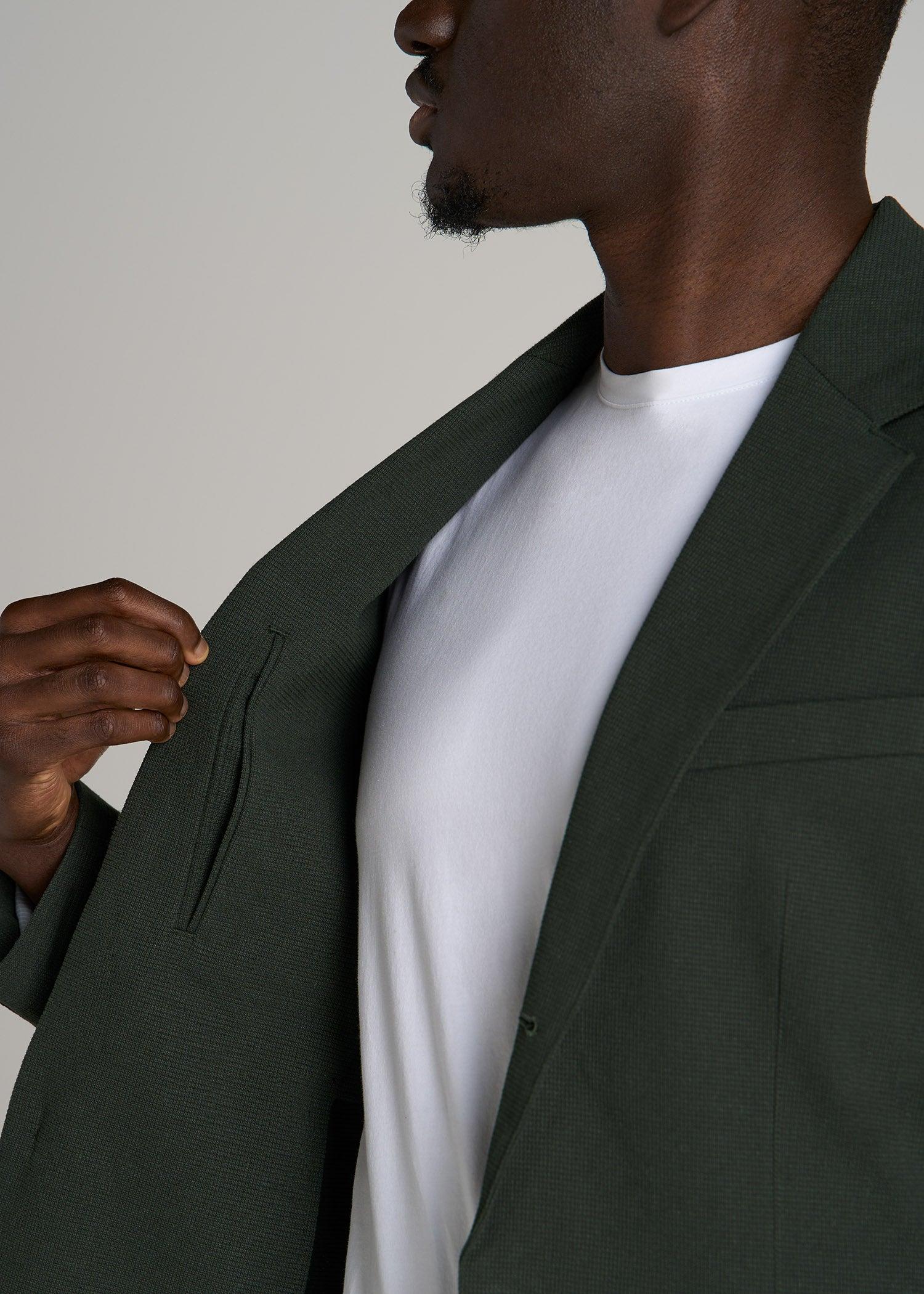 Textured Garment Washed Stretch Cotton Blazer for Tall Men in Dark Olive Green Male Product Image