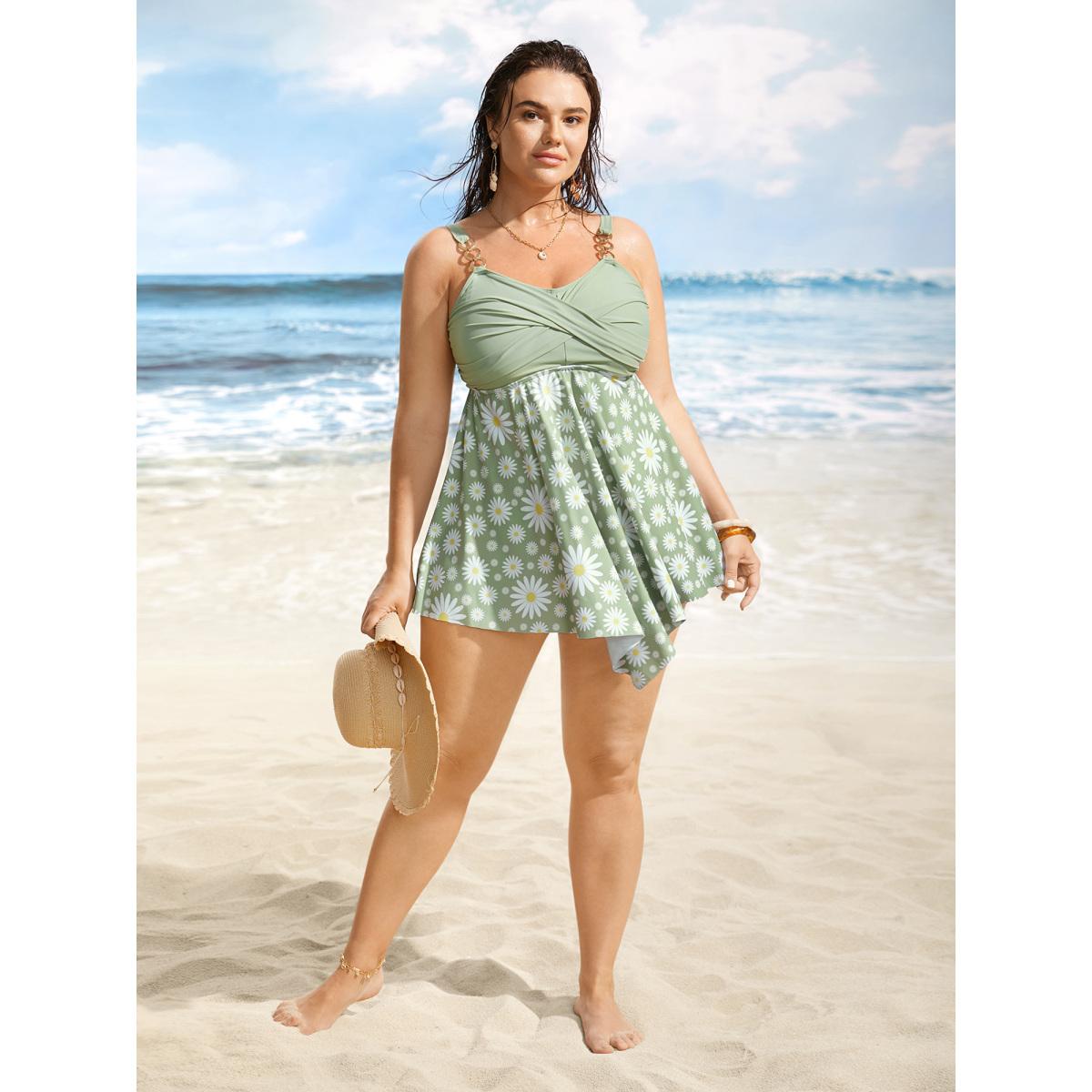 Plus Size Floral Patchwork Twist Front Buckle Detail Swim Dress Women's Swimwear LightGreen Beach Bodycon Heart neckline High stretch Curve Swim Dresses BloomChic 12/L Product Image