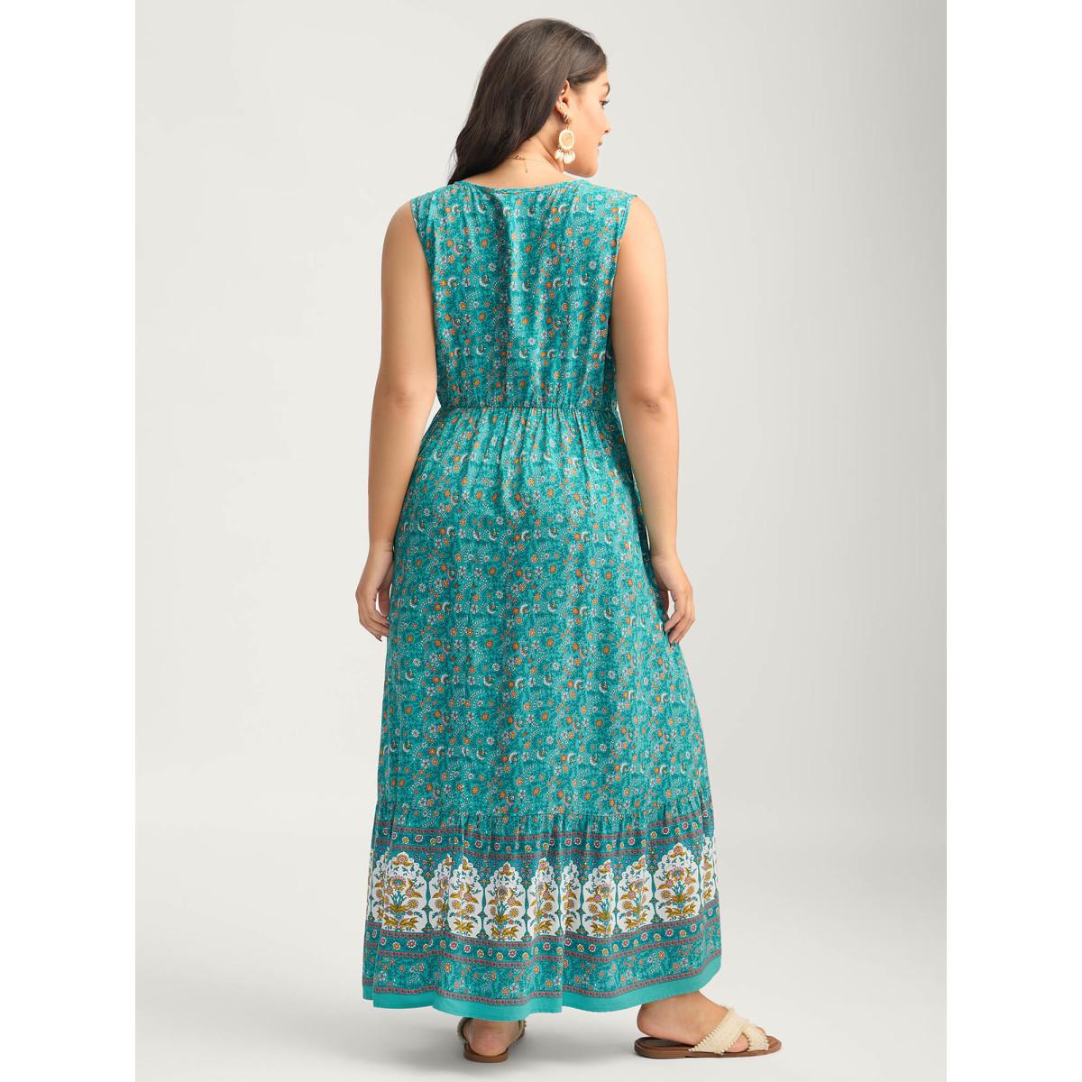 Plus Size Rayon Neck Cut-Out Ties Midi Dress Teal Women Tie knot Flat collar with V-notch Sleeveless Curvy BloomChic 12/L Product Image