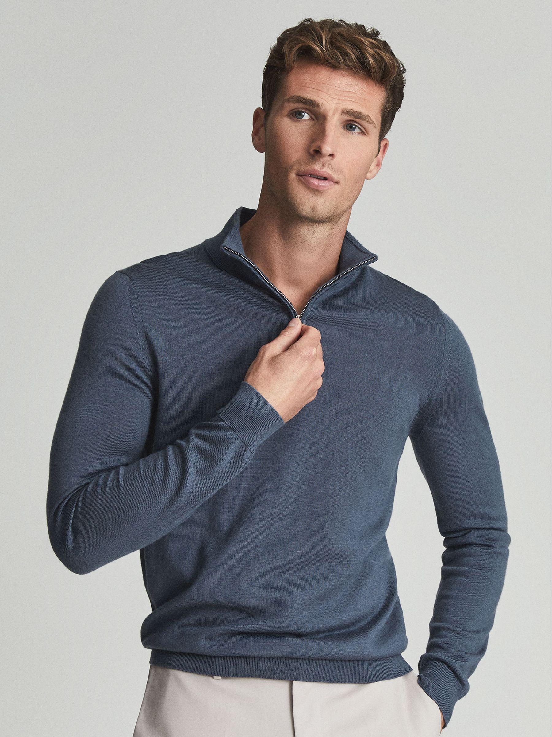 Merino Wool Half-Zip Funnel Neck Jumper in Steel Blue Product Image