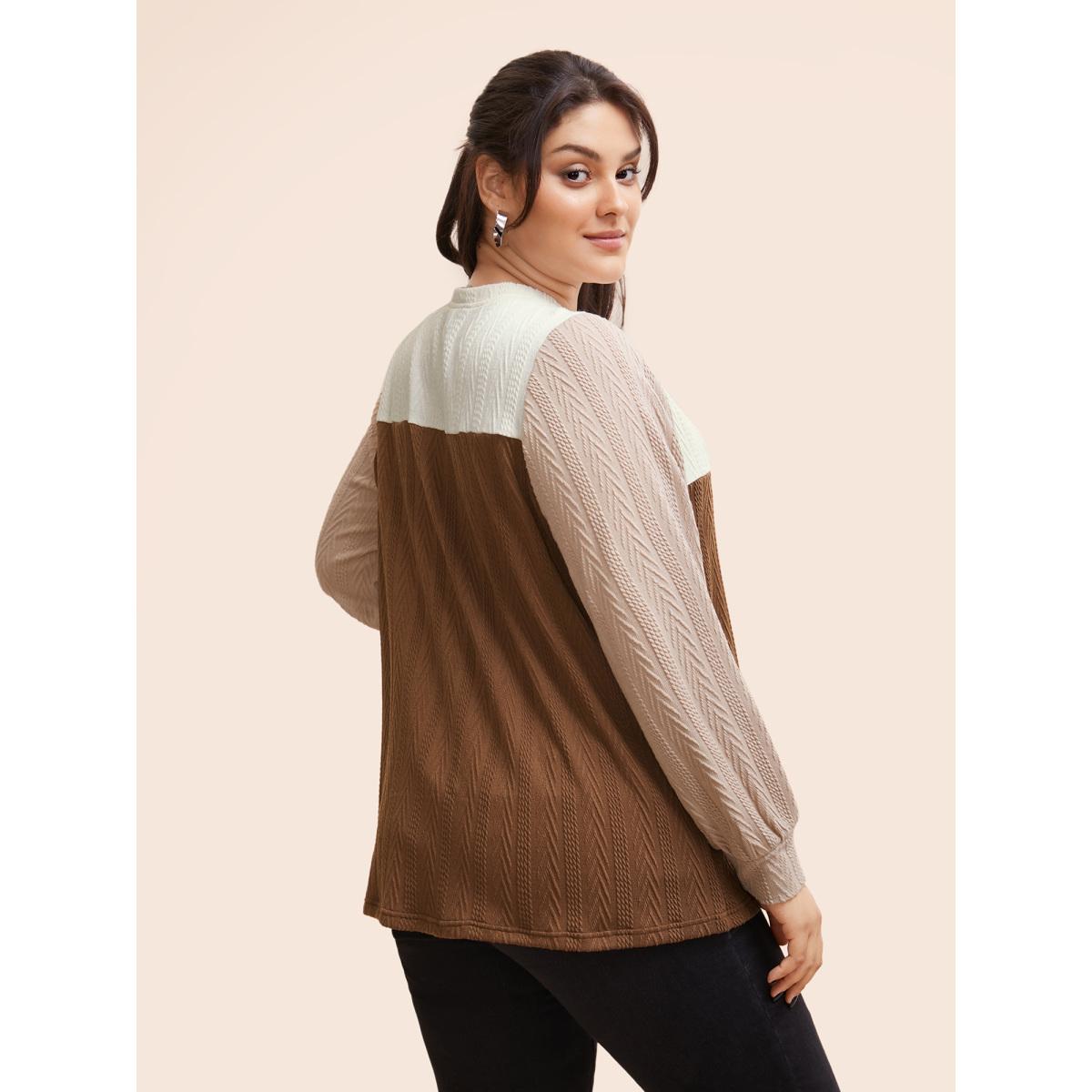 Plus Size Colorblock Contrast Textured Button Up T-shirt Multicolor Women Casual Texture Round Neck Everyday T-shirts BloomChic 10/M Product Image