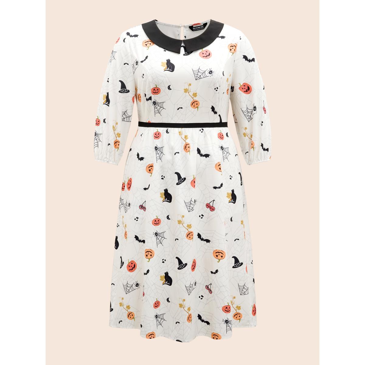 Plus Size Pumpkin Patch Retro Collared Midi Dress Beige Women Cocktail Contrast Party Curvy Bloomchic 18-20/2X Product Image