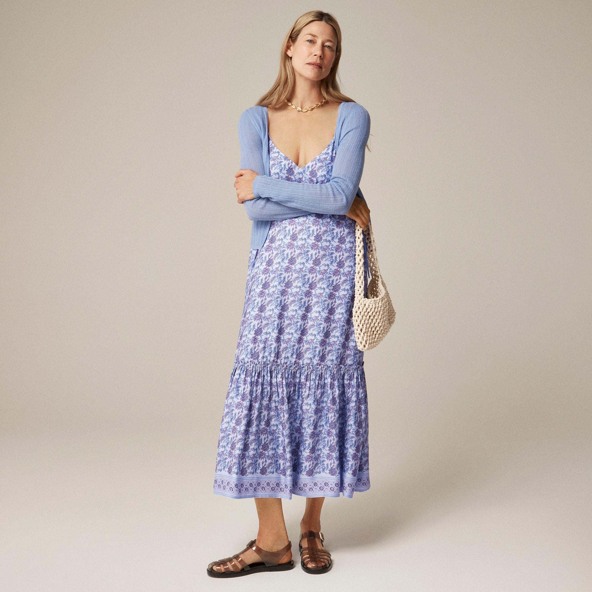 Tiered tie-waist dress in dusty periwinkle block print Product Image