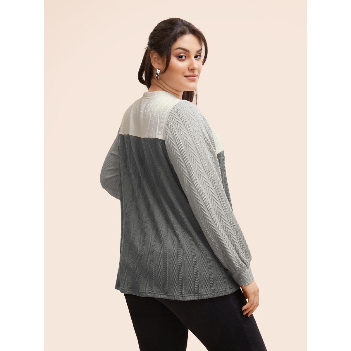 Plus Size Colorblock Contrast Textured Button Up T-shirt Mediumgray Women Casual Texture Round Neck Everyday T-shirts BloomChic 12/L Product Image