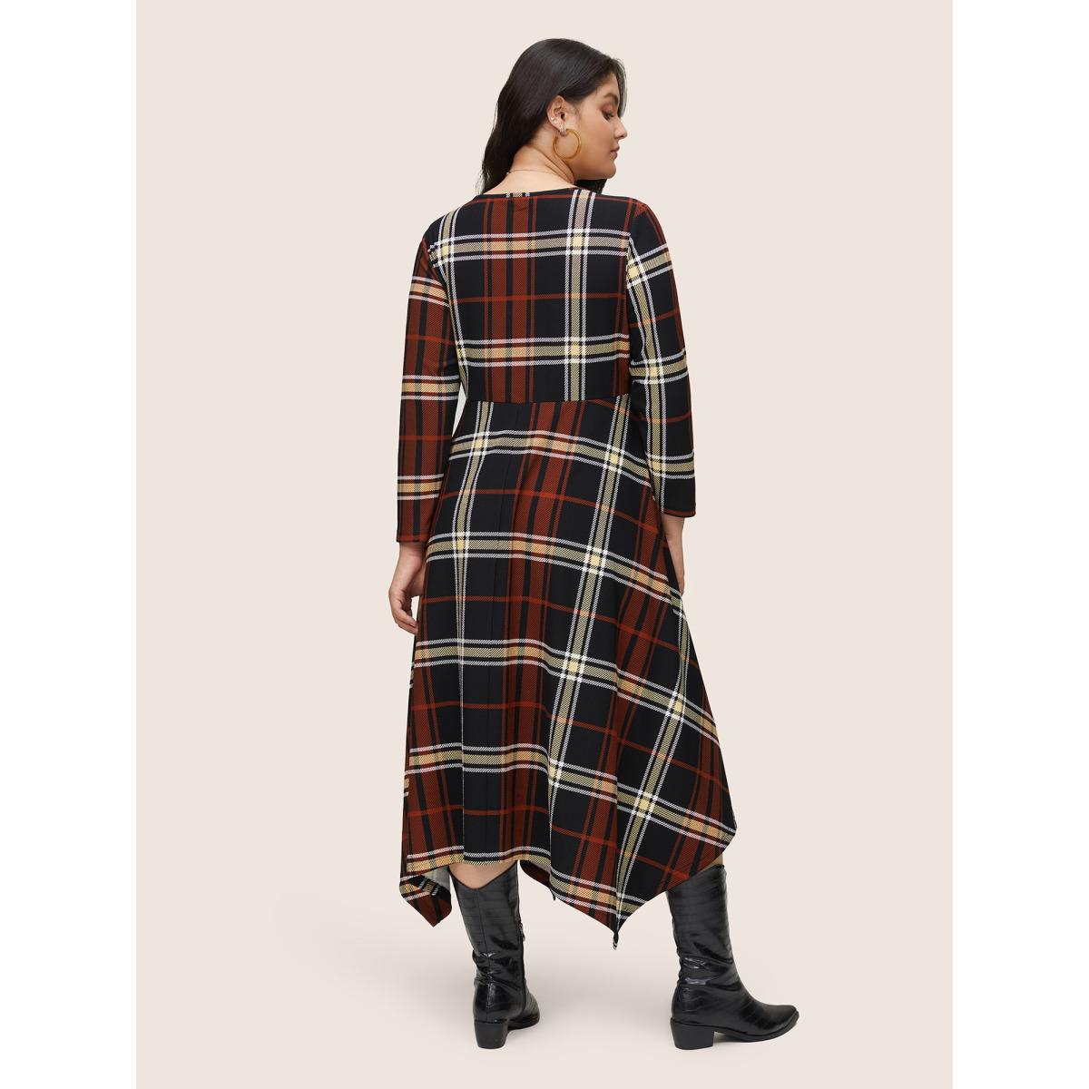 Plus Size Christmas Plaid Button Detail Hanky Hem Dress Black Women Casual Printed V-neck Long Sleeve Curvy Midi Dress BloomChic 12/L Product Image