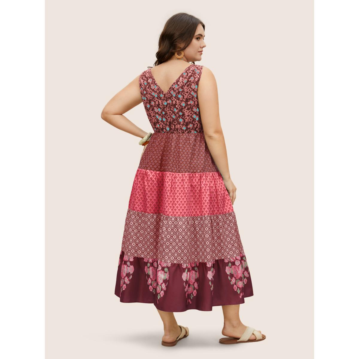 Plus Size Bandana Patchwork Floral Sleeveless Dress RedViolet Women Boho Pleated V-neck Sleeveless Curvy BloomChic 18-20/2X Product Image