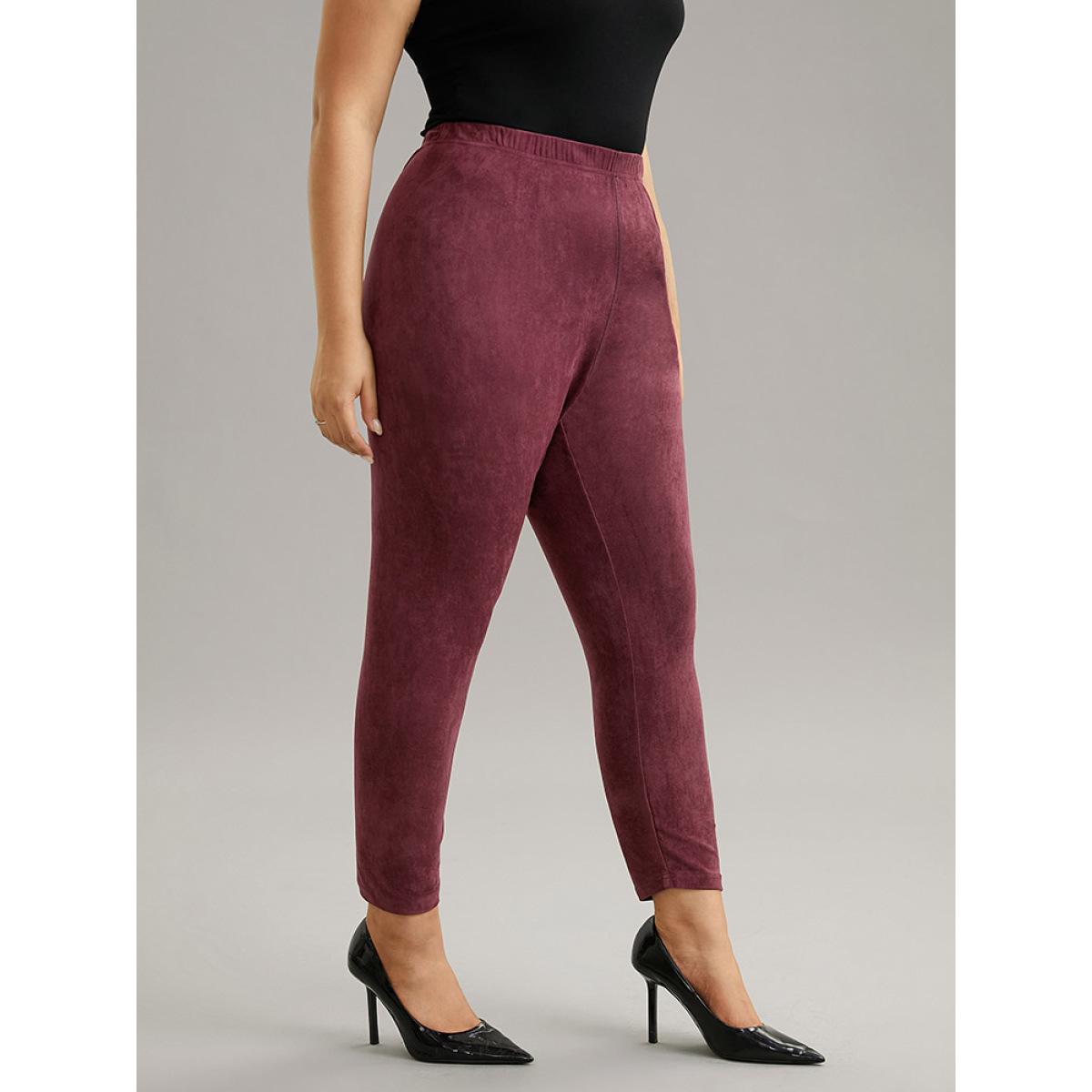Plus Size Solid Elastic Waist Texture Very Stretchy Leggings Women Burgundy Elegant High stretch Skinny High Rise Dailywear Leggings BloomChic 10/M Product Image