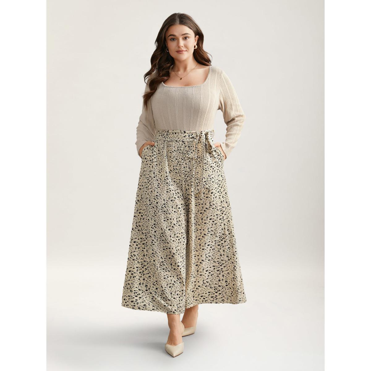 Plus Size Apricot Textured Square Neck Belted Floral Jumpsuit Women Elegant Long Sleeve Square Neck Everyday Loose Jumpsuits BloomChic 14-16/1X Product Image