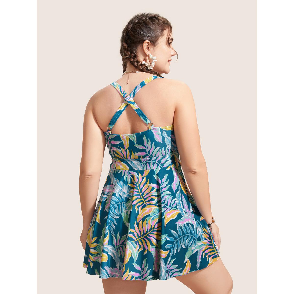 Plus Size Heart Neckline Tropical Print Twist Front Swim Dress Women's Swimwear Cyan Beach Bodycon Heart neckline High stretch Curve Swim Dresses BloomChic 14-16/1X Product Image