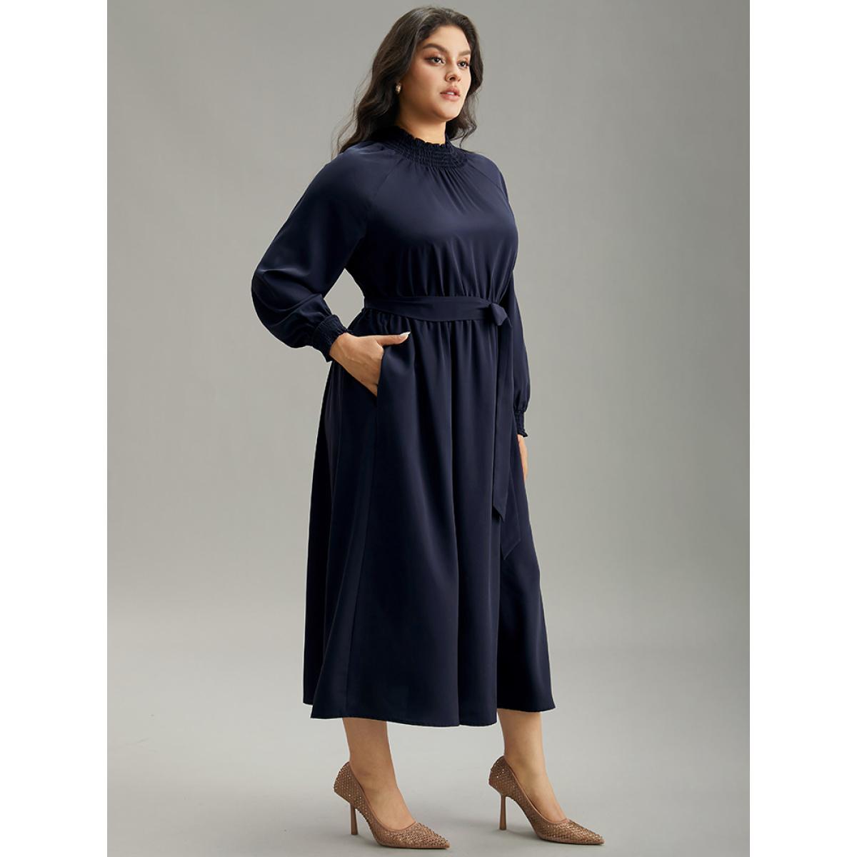 Plus Size Anti-Wrinkle Plain Shirred Mock Neck Belted Dress DarkBlue Women Elegant Elastic cuffs Mock Neck Long Sleeve Curvy Midi Dress BloomChic 30/6X Product Image
