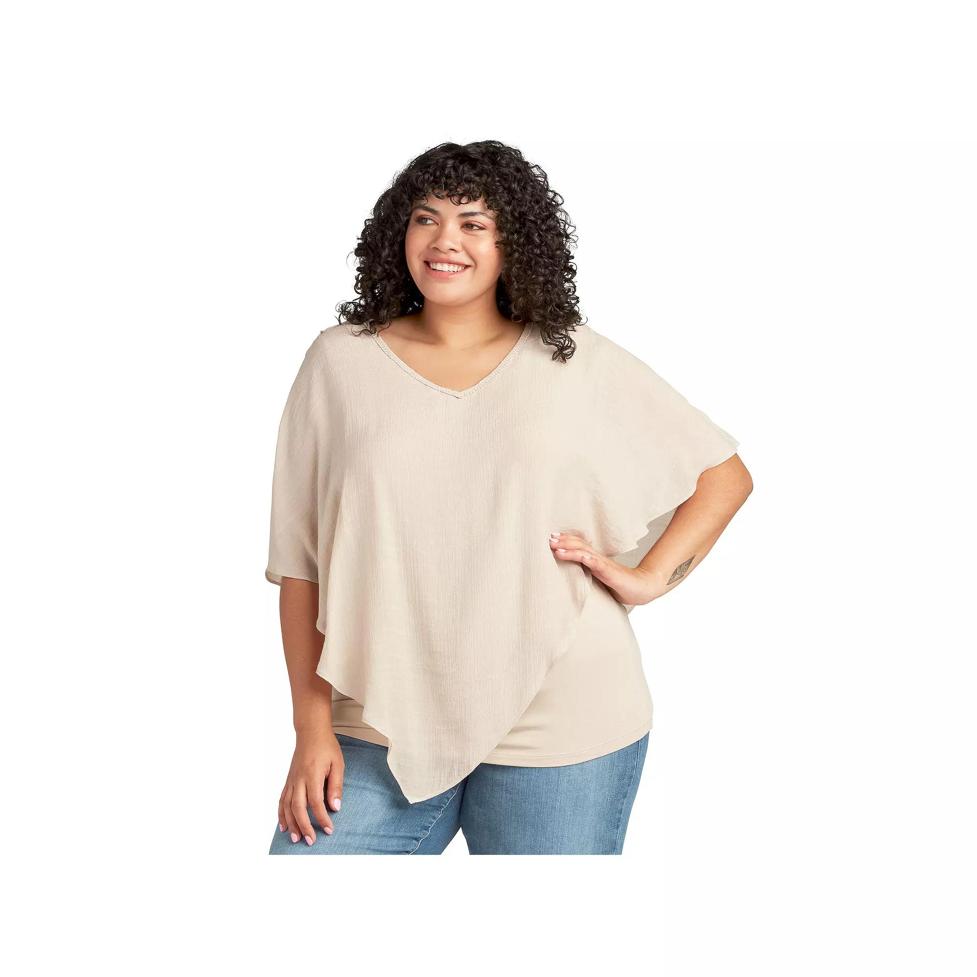 Plus Size AB Studio Asymmetrical Hem Crochet Back Popover Top, Womens Brown Product Image