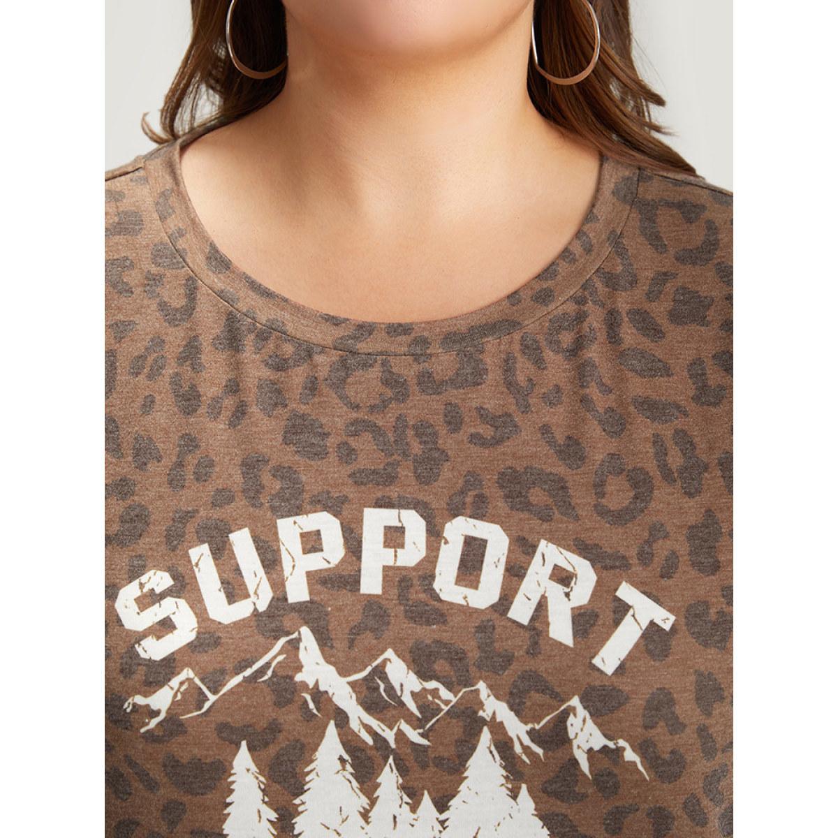 Plus Size Leopard Graphic & Letter Print Crew Neck T-shirt Multicolor Women Casual Landscape Dailywear T-shirts BloomChic 22-24/3X Product Image