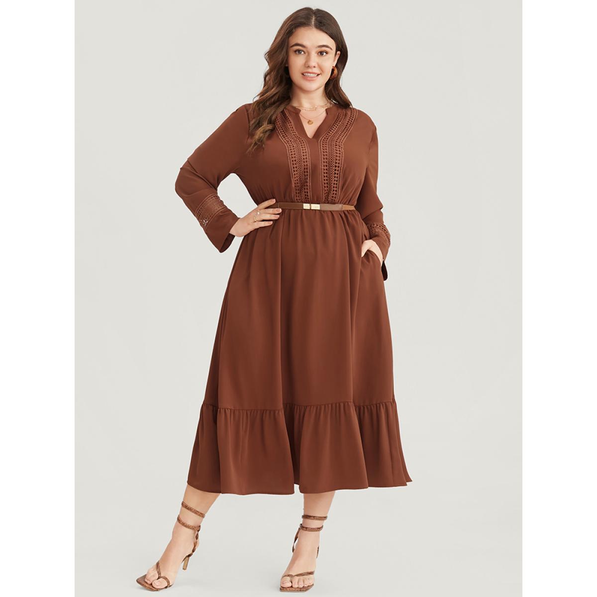 Plus Size Solid V Neck Pocket Contrast Lace Ruffle Hem Dress Russet Women Office Patchwork V-neck Long Sleeve Curvy Midi Dress BloomChic 30/6X Product Image