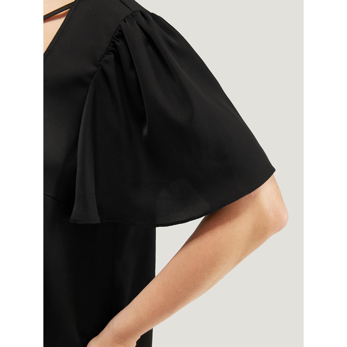 Plus Size Black Solid Crisscross Notched Square Neck Ruffle Sleeve Blouse Women Elegant Short sleeve Notched collar Dailywear Blouses BloomChic 10/M Product Image