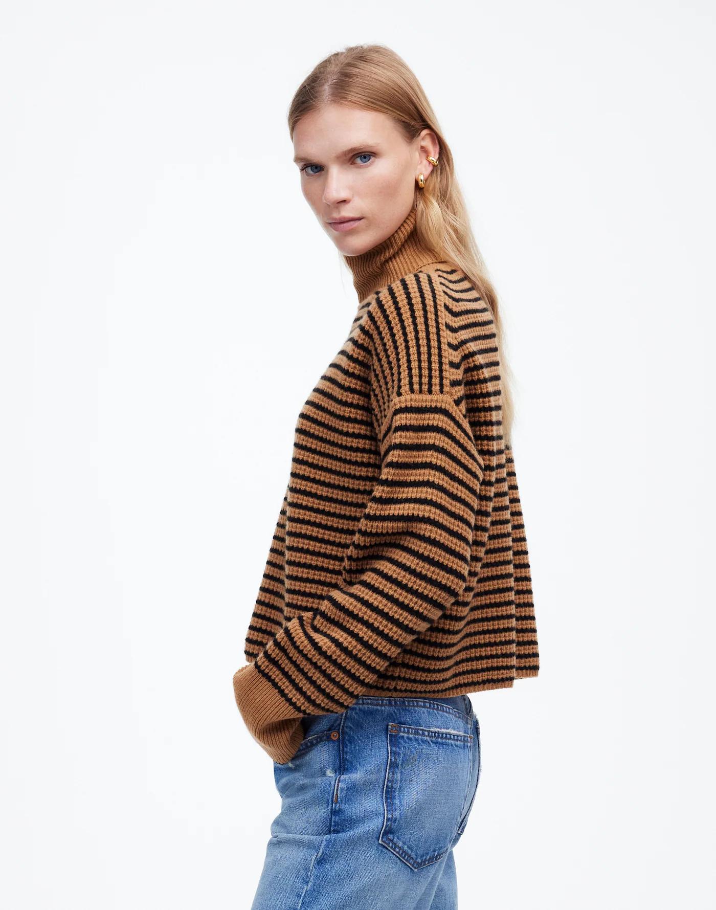 Wool Waffle-Knit Turtleneck in Stripe Product Image