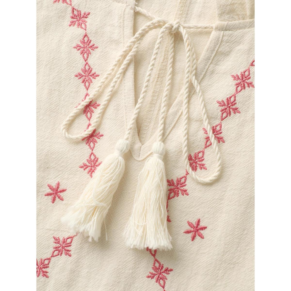 Plus Size Ivory Cotton Lace Embroidered Shirred Neck-Tie Blouse Women Elbow-length sleeve Flat collar with V-notch Vacation Blouses BloomChic 14-16/1X Product Image