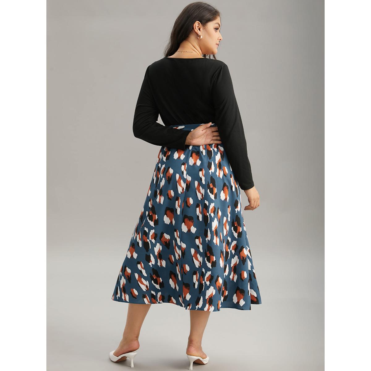 Plus Size Allover Print Patchwork Belted Pocket Dress Black Women Office Printed Round Neck Long Sleeve Curvy Midi Dress BloomChic 18-20/2X Product Image