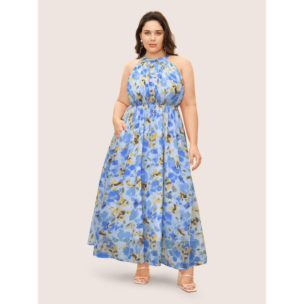 Plus Size Halter Neck Floral Pleated Pocket Dress LightBlue Women Formal Shirt collar Sleeveless Curvy BloomChic 10/M Product Image
