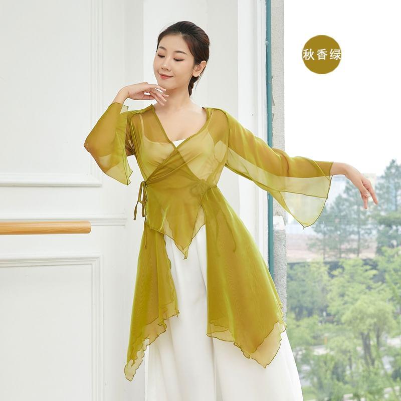 Flared-Sleeve V-Neck Plain Asymmetrical Dance Top Product Image